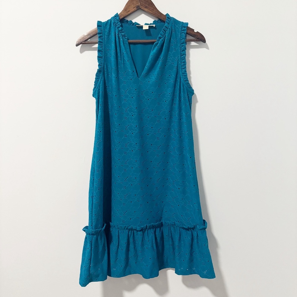 Michael Kors Eyelet Midi Dress Womens Size Small Blue‎ Ruffle Detail Sleeveless